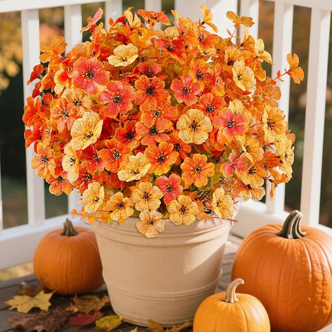 AGIRL 16 Bundles Artificial Fall Flowers Outdoor Indoor Decoration,No Fade Autumn Fake Plastic Plants with Eucalyptus Leaves,Faux Mums for Thanksgiving Garden Front Door Porch Patio Fall Decor