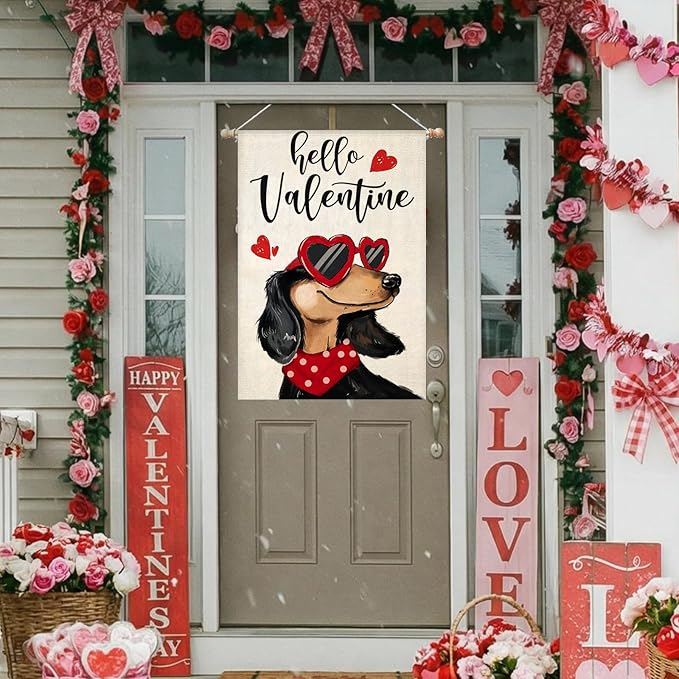 Hello Valentines House Flags for Outdoor Decoration, Dachshund Dog with Love Sunglass Heart Large Yard Flag,Seasonal Decorative Decor for Holiday Anniversary Wedding Outside 28x40 Inch Double Sided