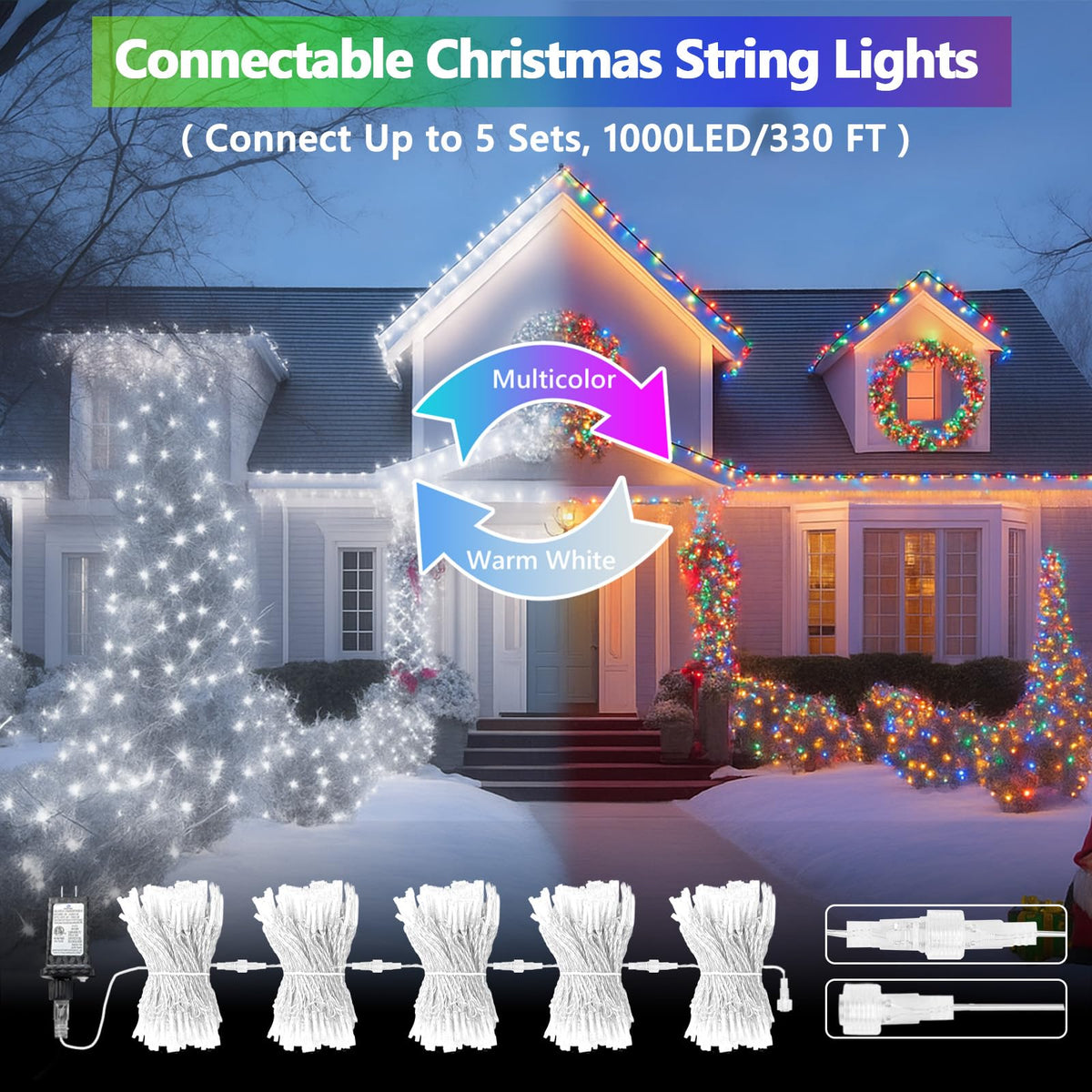 200 LED Connectable String Lights with Remote, Cool White to Multicolor