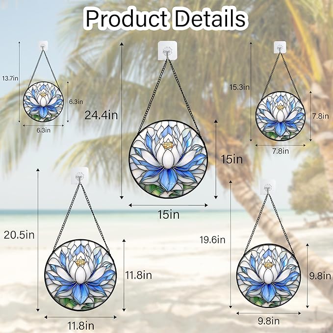 HWRHTR Stained Glass Window Hanging - Blue and White Lotus Petal Suncatcher for Doors Window Home Sun Catchers Decor Christmas Mother's Day July Birthday Gifts for Teacher Women Men Mom Nana 11.8 in