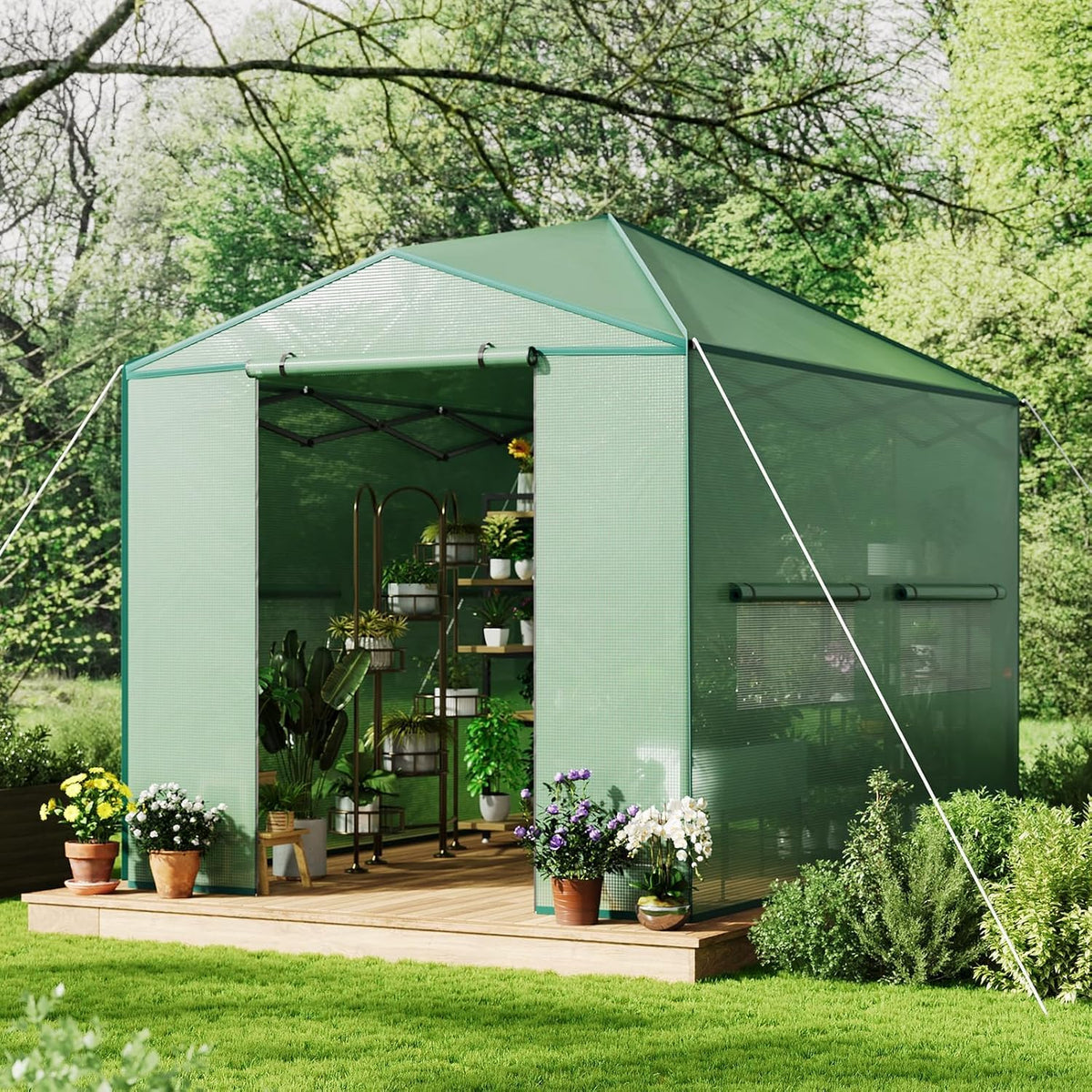 8x12FT Instant Pop-Up Walk-in Greenhouse, Plant Hot House with Galvanized Steel Frame, Green PE Cover, Roll-Up Zipper Door, Portable Large Plant Tent with Ground Pegs & Ropes for Stability