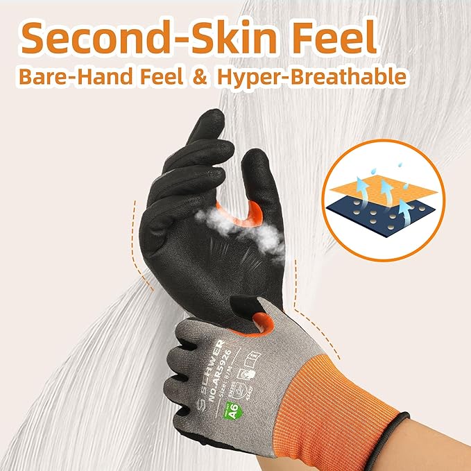 Schwer A6 AIR-SKIN Cut Resistant Work Gloves, Comfortable & Breathable, 21-Gauge Seamless Knit Flexible Safety Working Gloves with Grip for Refined Tasks, Touch-screen, Non PFAS, 1 Pair, M, AR5926