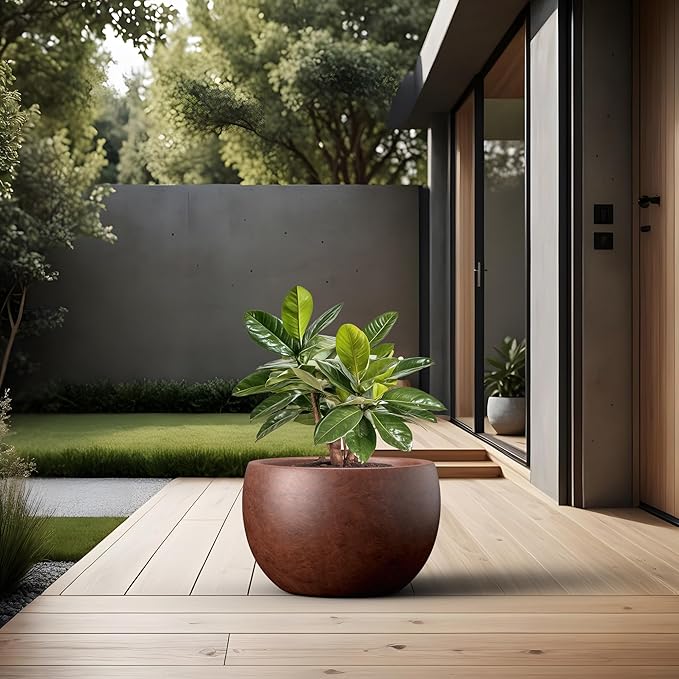 Kante 15.7" Dia Round Concrete Planter, Outdoor/Indoor Large Bowl Plant Pots with Drainage Hole and Rubber Plug for Garden Patio Balcony Home, Rusty