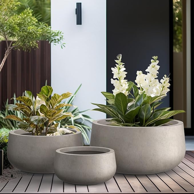 Kante 19.6",15.7",11.8" Dia Round Concrete Planters Set of 3, Outdoor Indoor Large Plant Pots with Drainage Hole, Modern Curvaceous Design, Weathered Concrete