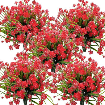 Grunyia Artificial Flowers Outdoor UV Resistant Fake Plants Indoor Outside Hanging Planter Home Garden Decor, 10 Bundles (Red)