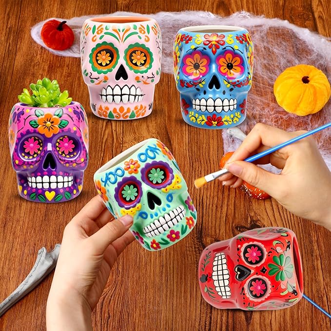 Pasimy 6 Set Ceramics to Paint DIY Ceramic Succulent Planter Pots Paint Your Own Flower Pots Craft Kit Unpainted Bisque Flowerpot with Brush Palette for Family Activity Holiday Gifts(Skull)
