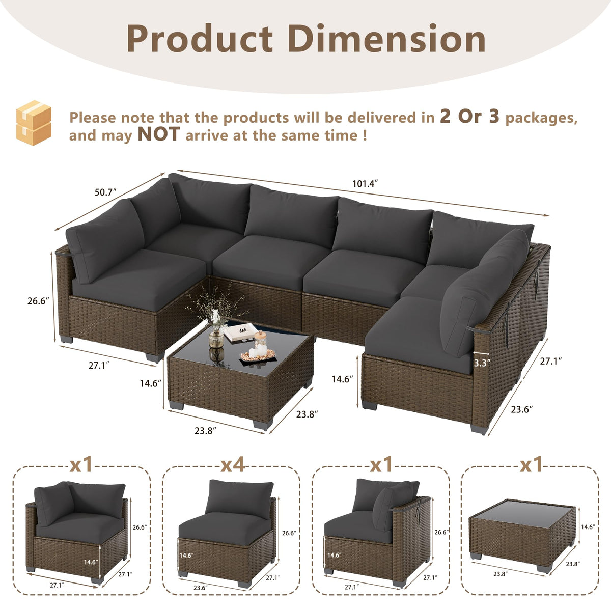 LOUVIXA 7 Piece Outdoor Patio Furniture Set, Outdoor Sectional Sofa, Wicker Rattan Patio Furniture, Patio Conversation Set with Coffee Table & Cushions