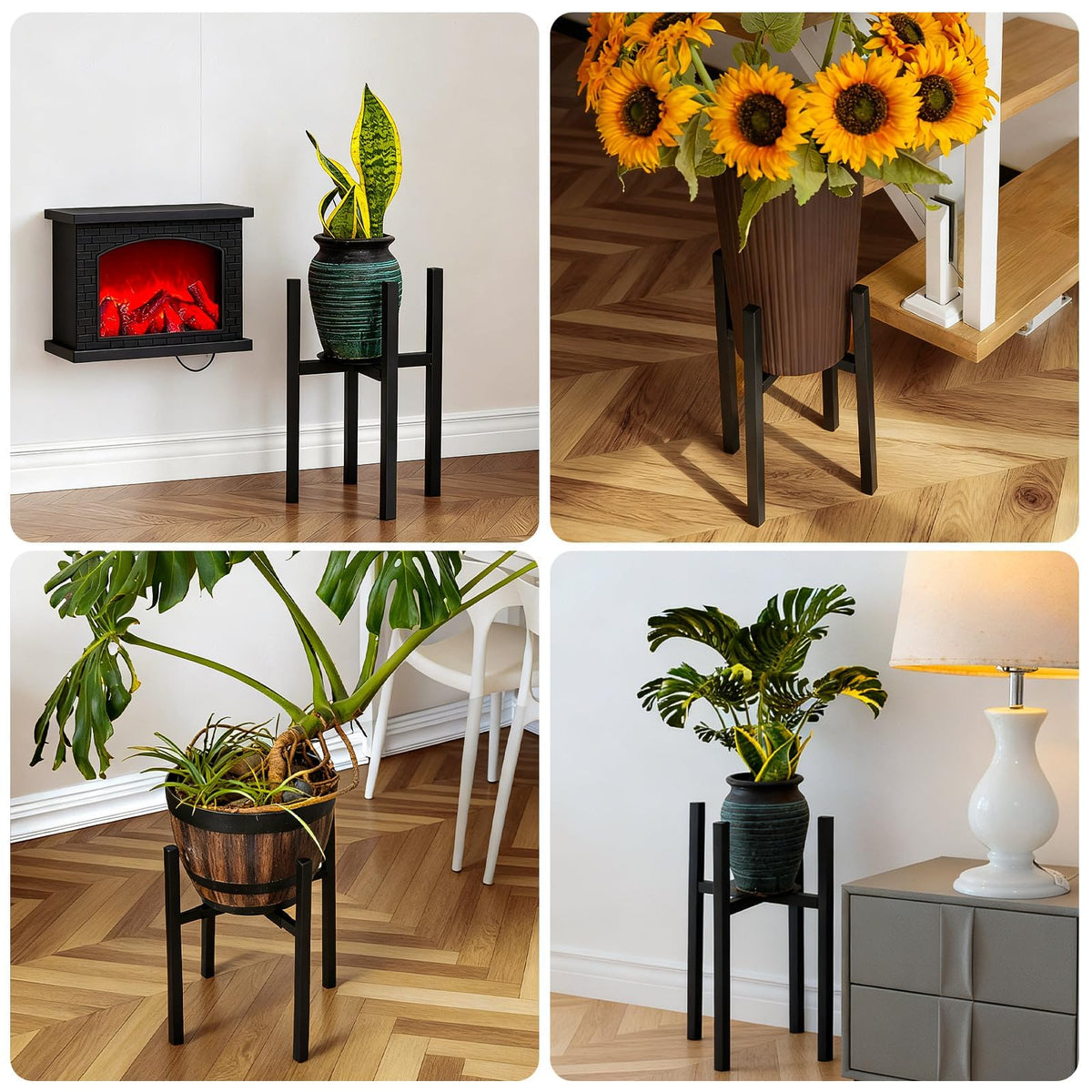 Rioneta Adjustable Metal Plant Stand Indoor, Fits 9-15 Inch Pots, Mid Century Modern Planter Holder,2 Heights, Heavy Duty 160 lb, Indoor Outdoor Corner Floor Pot Stand, Black with Round Plate 2 Pack (black-a 2 pack)