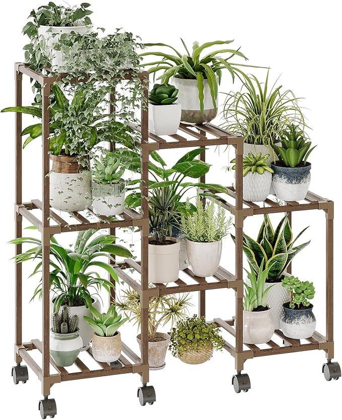 Bamworld Plant Stand with Wheels for Indoor Plants Wood Outdoor Tiered Shelf 3 Tire 7 Potted Ladder Plant Holder Table Pot Stand for Window Garden Balcony Patio Living Room (natureDL)
