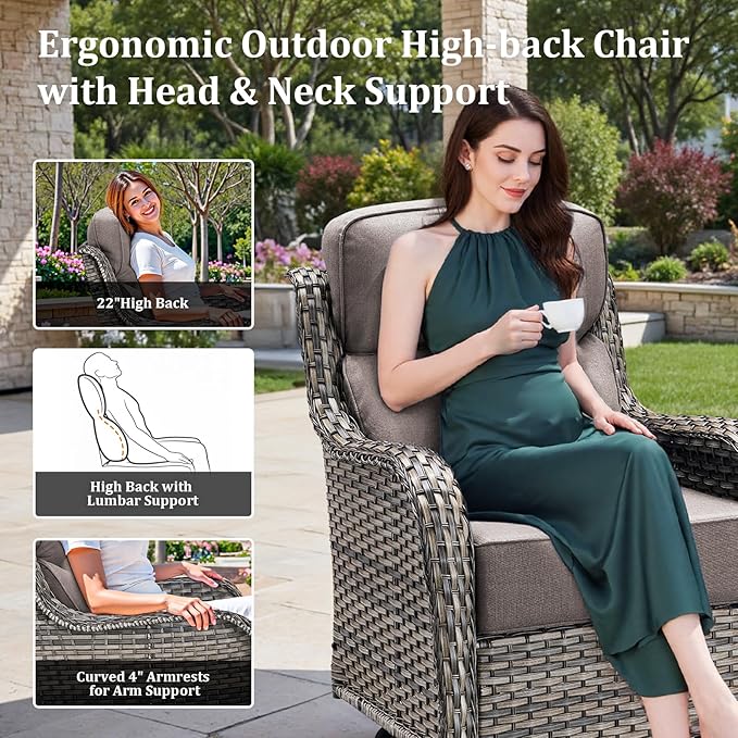 Luxury Patio Furniture Set with 42.5" Fire Pit Table, 8 Pieces High Back All Weather Wicker Outdoor Furniture w/ 6-Inch Thick Cushions, Patio Swivel Chairs Couch for Deck Balcony Backyard Grey