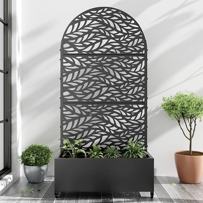 Casaphoria Metal Raised Garden Bed with Trellis and Wheels, 72"x35"x16" Planter Box for Climbing Plants, Vegetables & Vines, Features Drainage Holes and Privacy Screen (Black-Spring)