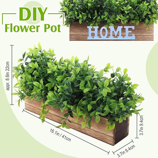 Lyrow 2 Pack Artificial Eucalyptus Plant in Rectangular Rustic Wooden Planter Box Faux Potted Herb Plant Table Centerpiece for Kitchen Windowsill Shelf Decor (Brown,16 '')