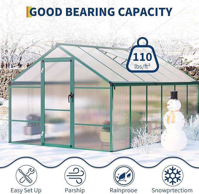 8X12 FT Outdoor Polycarbonate Greenhouse, Sturdy Aluminum Frame, Adjustable Roof Vent, Ideal for Backyard, Patio, or Garden, All-Weather Green House for Growing Plants and Vegetables