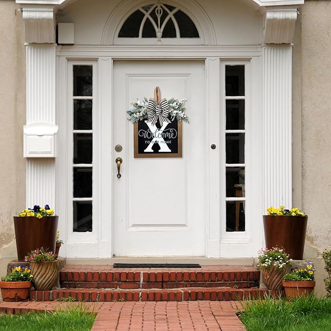Ultra Large 14'' Last Name All Year Round Front Door Wreath with 26 Initial Letter Welcome Sign All Seasons Eucalyptus Garland and Bow Wreaths for Front Door Porch Farmhouse Decoration (X)
