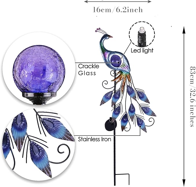 TERESA'S COLLECTIONS Solar Garden Lights Outdoor Garden Decor, Metal Peacock Decorations for Yard, 33'' Purple Decorative Garden Stake for Outside with Crackle Glass Ball, Lawn Party Gifts for Mom