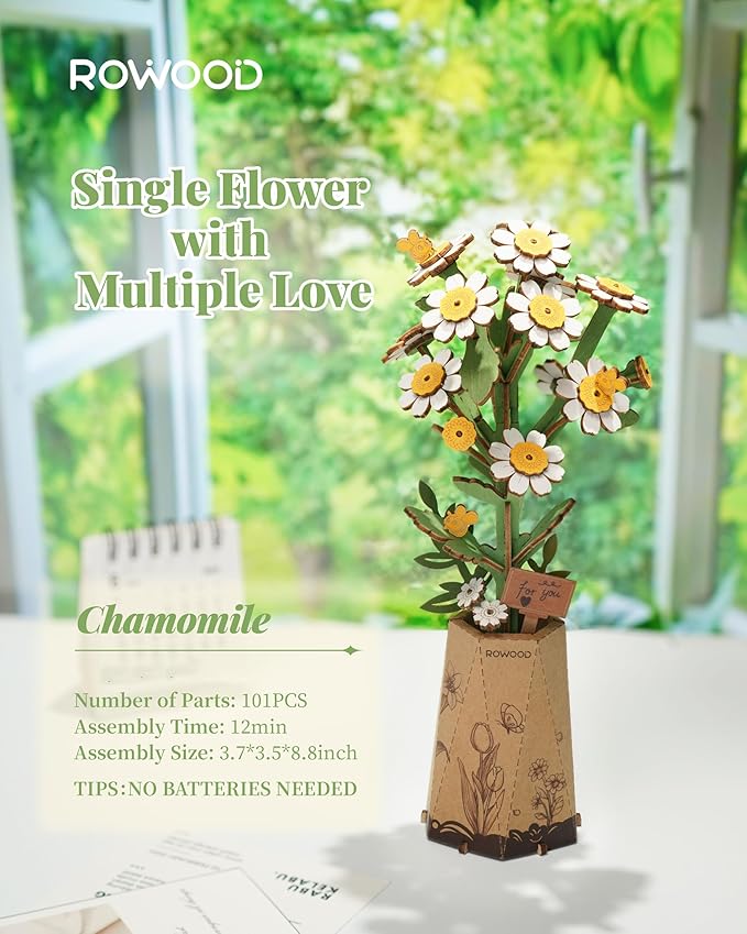rowood 3D Puzzle Wooden Flower,DIY Flower Building Block Set Craft Kit,Mother's Day/Valentine's Day/Teacher's Day/Thanksgiving/Christmas/Birthday Gift for Mom/Grandma-Chamomile
