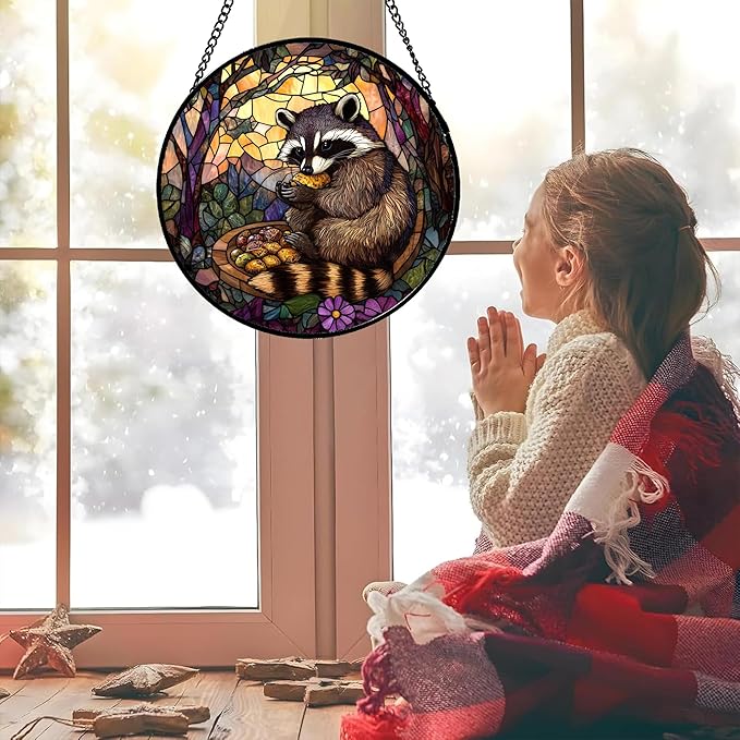 Stained Glass Window Hanging Brown Raccoon Forest Scenery Large 11.8" - Suncatcher Door Garden Sunroom Sun Catcher Home Decor Birthday Christmas for Mom Men Woman Nana