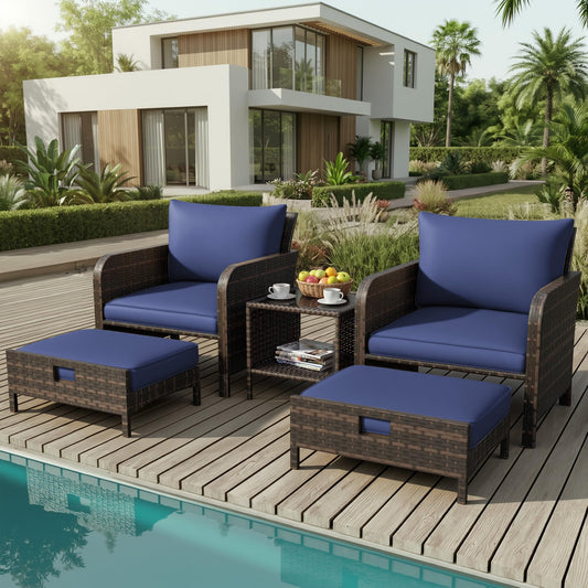LEVELEVE Patio Conversation Set 5 Piece, Balcony Furniture Outdoor PE Rattan Wicker Lounge Chairs with Soft Cushions, 2 Ottomans & Glass Table for Porch Lawn, Brown (Blue Cushions