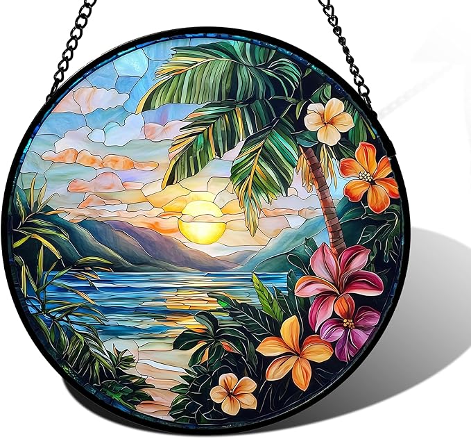 DASTOLL Stained Glass Window Hanging, Colorful Landscape Suncatcher for Doors Home Sun Catchers Decoration and Christmas, Mother's Day Birthday Gifts for Women, Men, and Mom 7.8 in