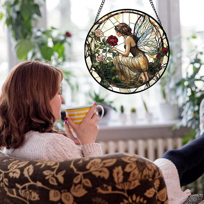 JOSUMALY Stained Glass Window Hanging - Butterfly Flower Fairy Suncatcher for Door Terrace Garden Home Decor Yellow Green Plants Sun Catcher Birthday Gifts for Lovers Women Men Dad Mom Nana 7.8 in