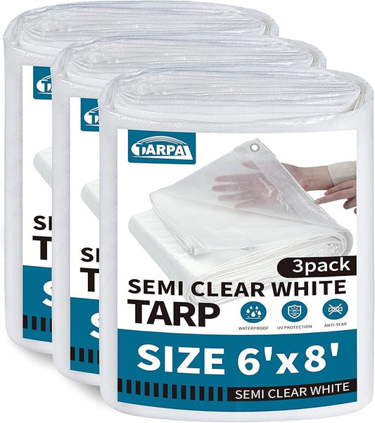 TARPAL 6'x8'（3pack） Semi Clear White Tarp Waterproof Green House Cover with Grommets 7.5mil Clear Poly tarps for Gardening,Farm, Garden,Chicken Coops，Outdoor