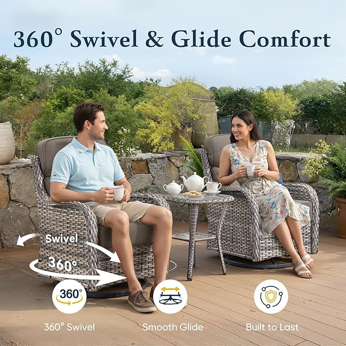 Belord Luxury 6" Thick Cushioned Outdoor Swivel Rocker Patio Chairs with Side Table, High Back Wicker Furniture Set with Ergonomic Zone Back, Conversation Glider Set for Deck Porch - Grey+Grey