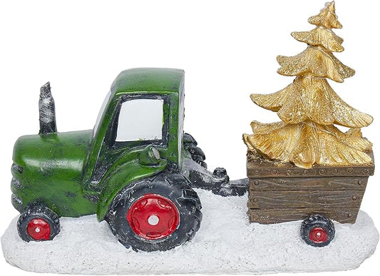 Alpine Corporation 7" Tall Holiday Green Tractor Pulling Gold Tree Statue with Warm White LED Lights, Christmas Decoration for Tabletop, Shelf, Mantel, or Entryway Display