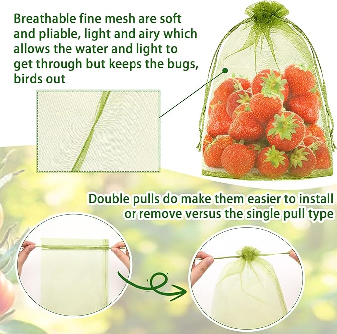 DECYOOL 120 PCS Fruit Protection Bags 8x12 inch, Green Fruit Bags for Fruit Trees Fruit Netting Cover Drawstring Mesh Bags Suit for Mangoes Tomatoes Fruit Trees Veggies Garden