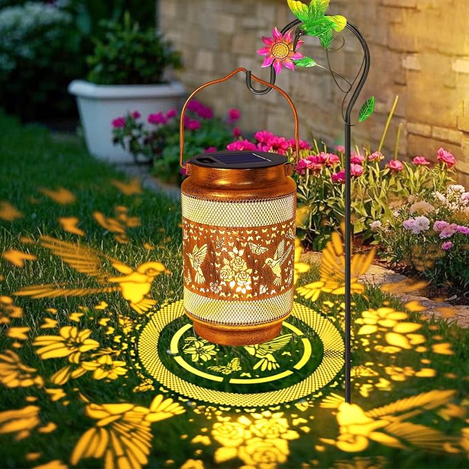 Hummingbird Solar Lanterns Outdoor Waterproof with Shepherd Hook, Birthday Gifts for Women Mom Grandma, Metal Solar Hanging Lights Garden Decor for Outside Yard Patio Pathway Porch