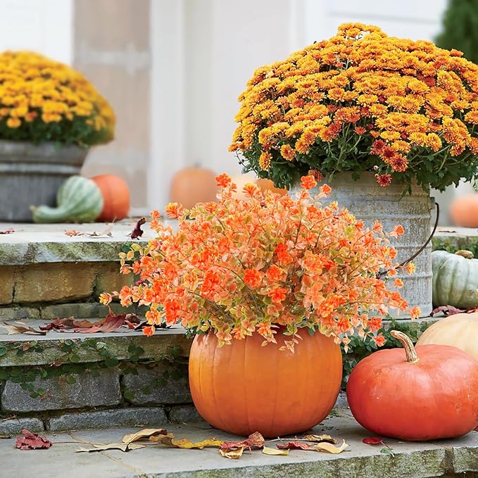 Uieke 24PCS Artificial Fall Flowers for Outdoors UV Resistant Faux Autumn Plants Bushes No Fade Plastic Plants for Outside Garden Porch Window Box Fall Décor Orange