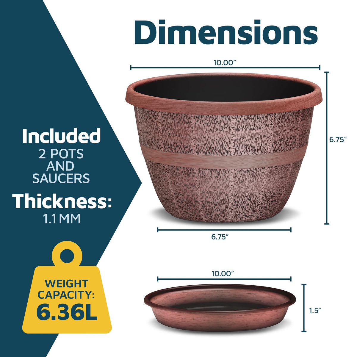 10-Inch Whiskey Barrel Planters Outdoor Pack of 2 - Durable Plastic Plant Pots for Indoor & Outdoor Use with Drainage & Saucer, Lightweight Rustic Barrel Planters for Flowers, Herbs & Small Plants