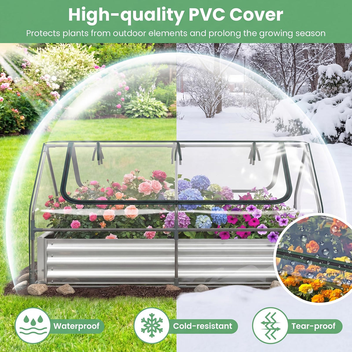 Happygrill Galvanized Raised Garden Bed with Cover & 2 Roll-up Windows