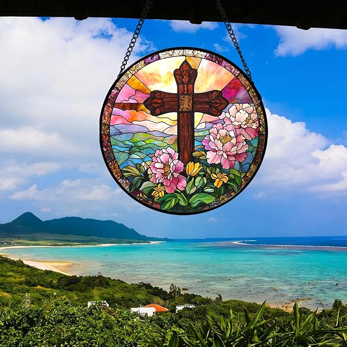 JOSUMALY Christian Gifts for Women - Cross Stained Glass Window Hanging Jesus Easter Pink Flower Peony Sun Catcher Garden Religion Decor Mother's Day Catholic Gift for Men Grandma Mom Her Nana 11.8"