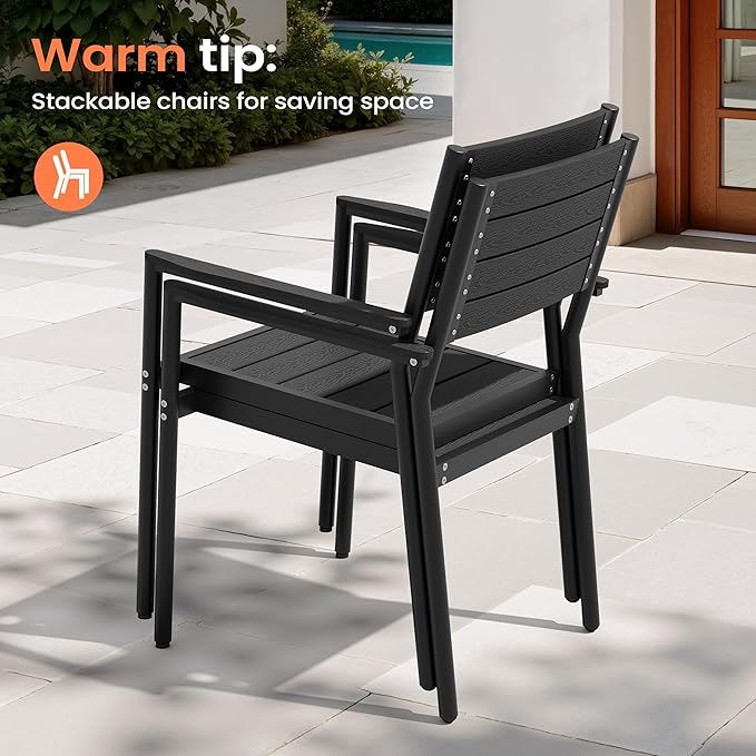 Pellebant Stackable Outdoor Dining Chairs Set of 6, Aluminum Patio Chairs with Arms, All-Weather for Garden, Lawn, Deck, Porch and Yard, Black