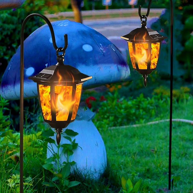 Dynaming 2 Pack Solar Flame Hanging Lights Outdoor, Halloween Solar Flickering Flame LED Garden Lanterns with 2 x 38 Inch Shepherd Hooks, Christmas Lighting for Lawn Patio Yard Pathway Driveway