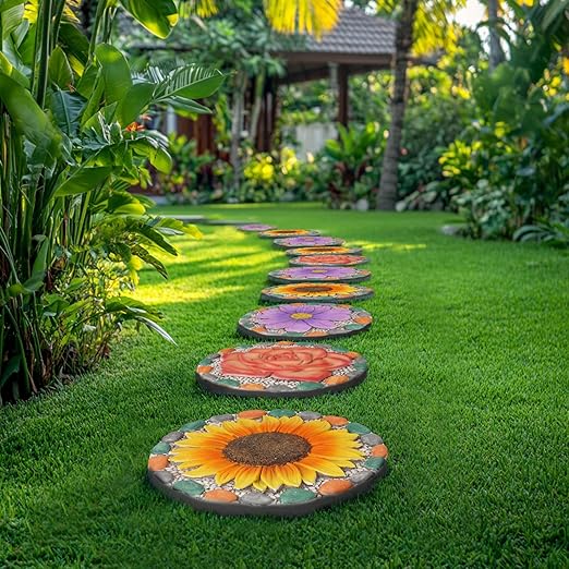 Decorative Sunflower Garden Stepping Stone - Colorful Pebble Border, Garden Stepping Stones Outdoor Yard Decor 10x10x0.75 Inches