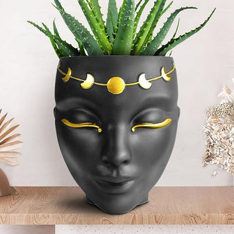 Head Planter - Indoor & Outdoor Home Decor Gifts for Plant Lovers - for Flat Surface or Wall Mount - Unique Face Planter for Flowers, Succulents, & More (7 inch, Luna Design, Black)