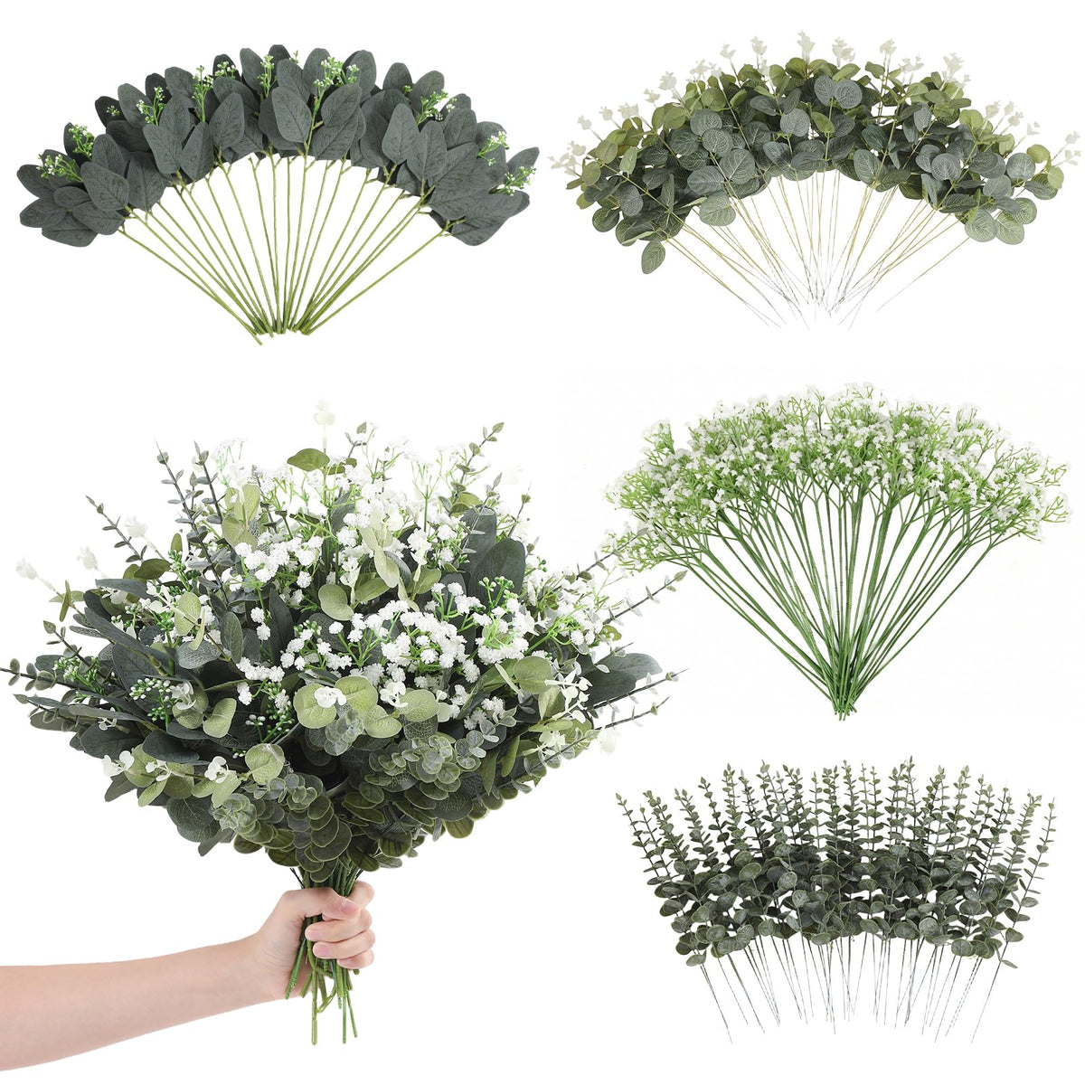 Ecerangus 120 Pcs Mixed Artificial Eucalyptus Leaves Stems Bulk,Baby Breath Artificial Flowers Bulk with Eucalyptus Leaves Greenery Stems for DIY Bouquets Wedding Floral Home Decor (Green-120pcs)