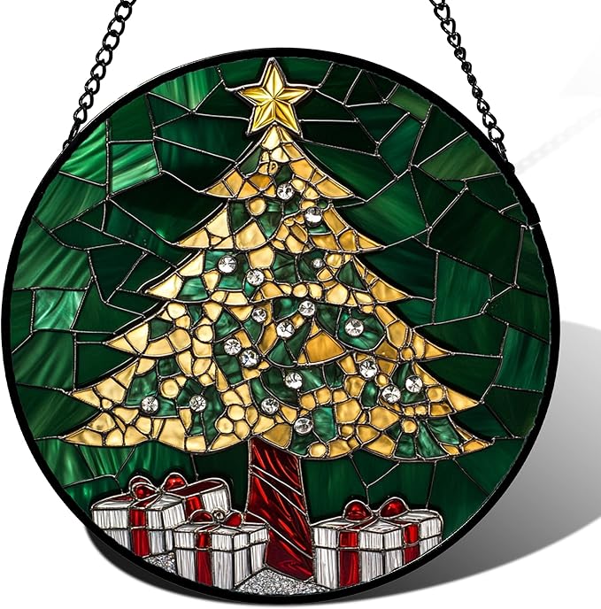 HWRHTR Stained Glass Window Hanging - Gold Green Christmas Tree Suncatcher for Doors Home Christmas Decoration Winter Sun Catcher Thanksgiving New Year Birthday Gifts for Women Men Mom Nana 11.8 in
