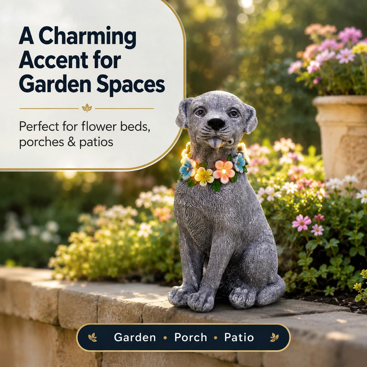 Nacome Dog Statue with Solar Flower Warm Lights Garden Decor