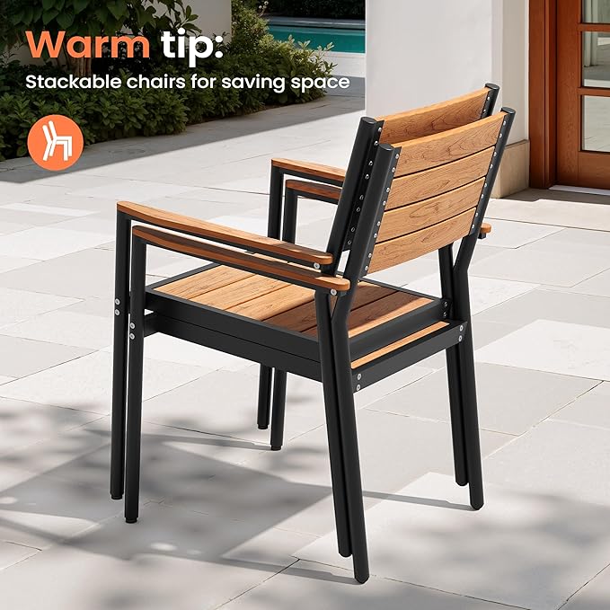 Pellebant Stackable Outdoor Dining Chairs Set of 2, Aluminum Patio Chairs with Arms, All-Weather for Garden, Lawn, Deck, Porch and Yard, Brown