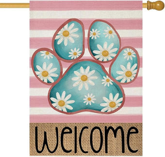 Welcome Spring House Flags for Outdoor Decoration, Dog Paw with Daisy Flowers Stripes Large Yard Flag, Decorative Summer Celebration Decor for Seasonal Farmhouse Holiday Outside 28x40 Inch