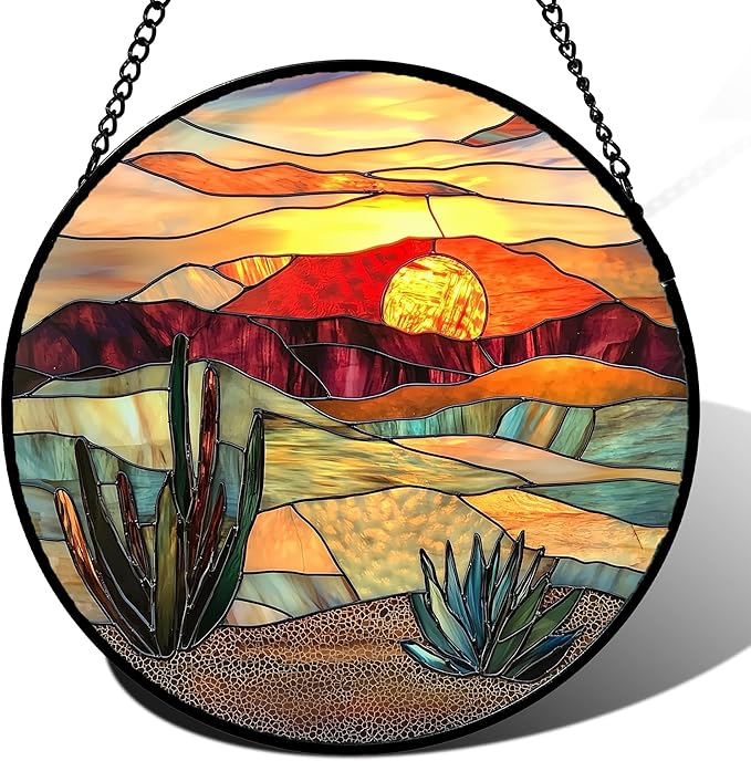 Stained Glass Window Hanging, Desert Scenery Lake Suncatcher for Doors Window Home Tan Tree Sun Catchers Decoration Mother's Day Birthday Gifts for Women, Men, and Mom 6.3 in