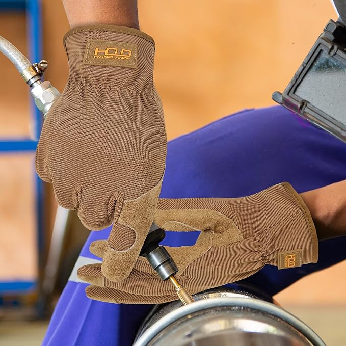 HANDLANDY Men Leather Gardening Gloves, Utility Work Gloves for Mechanics, Construction, Driver