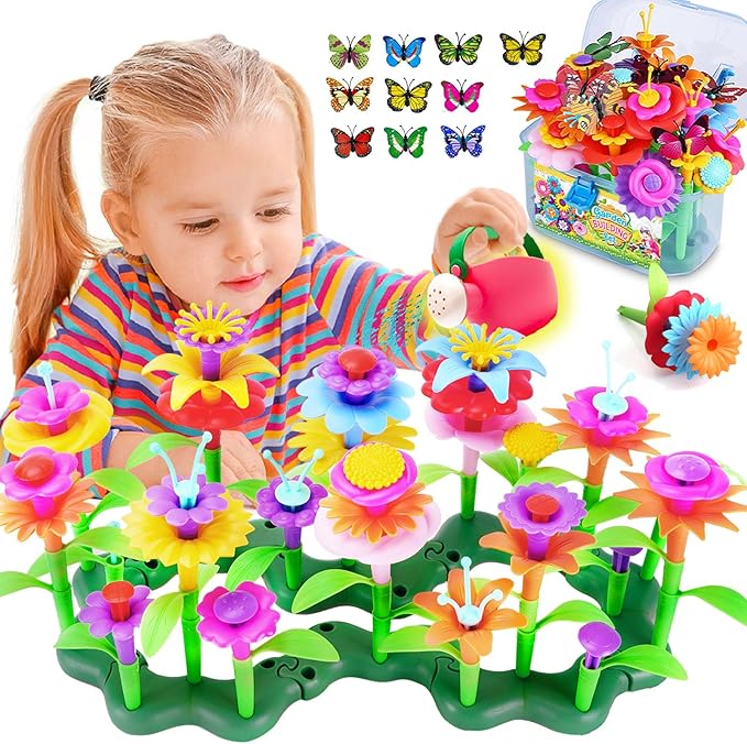 FUNZBO 109pcs Flower Garden Building Toy Set - Christmas Spring Toys for 3 4 5 6 7 Years Old Girl, STEM Montessori Educational Toy for Kid Toddler, Sorting & Stacking Building Block Birthday Gift