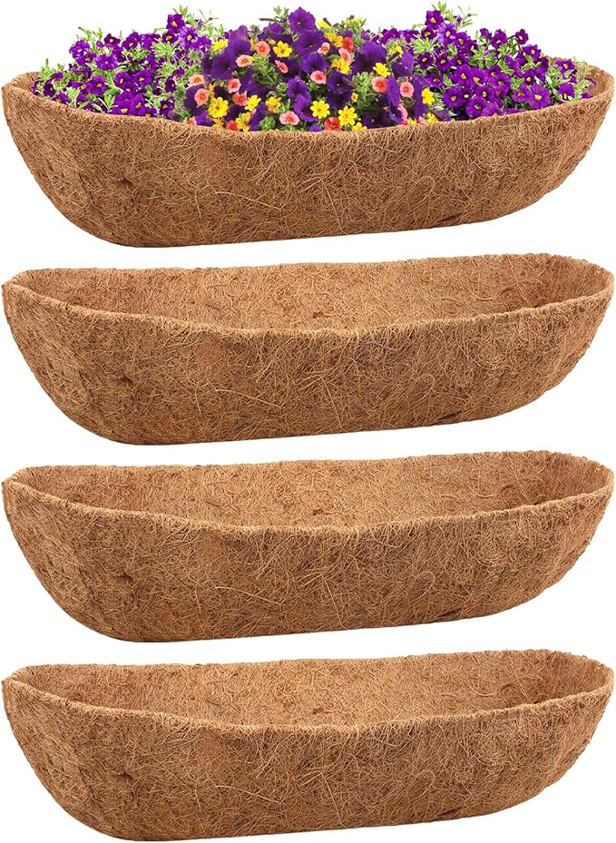 Riare 4 Pack 36 Inch Trough Coir Liners for Planters, Pre-Formed Coconut Coir Replacement Natural Coco Fiber Window Box Liners for Wall Planter, Window Basket Deck Railing Planter