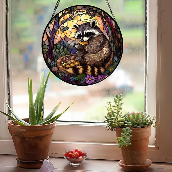 Stained Glass Window Hanging Brown Raccoon Forest Scenery Large 11.8" - Suncatcher Door Garden Sunroom Sun Catcher Home Decor Birthday Christmas for Mom Men Woman Nana
