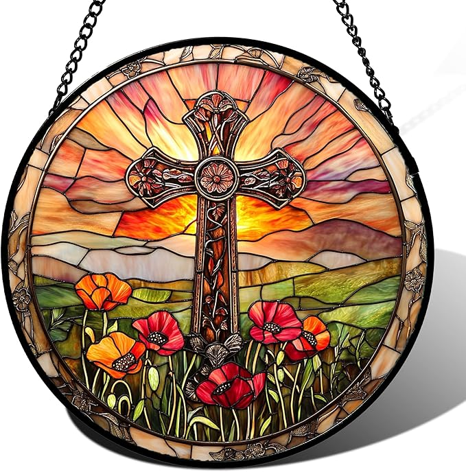 JOSUMALY Christian Gifts for Women - Cross Stained Glass Window Hanging Jesus Easter Poppy Sunset Landscape Sun Catcher Garden Religion Decor Mother's Day Catholic Gift for Men Grandma Mom Her 15"
