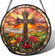 JOSUMALY Christian Gifts for Women - Cross Stained Glass Window Hanging Jesus Easter Poppy Sunset Landscape Sun Catcher Garden Religion Decor Mother's Day Catholic Gift for Men Grandma Mom Her 15"