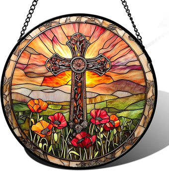 JOSUMALY Christian Gifts for Women - Cross Stained Glass Window Hanging Jesus Easter Poppy Sunset Landscape Sun Catcher Garden Religion Decor Mother's Day Catholic Gift for Men Grandma Mom Her 9.8"